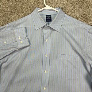 Brooks Brothers Shirt Mens 17 34/35 Non Iron Blue Yellow Stripe Dress All Cotton